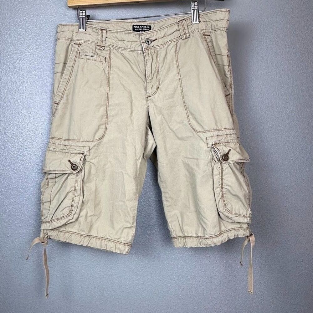 Polo Jeans Co Ralph Lauren Floral Lined Y2K Khaki Cargo Bermuda Shorts Women 10